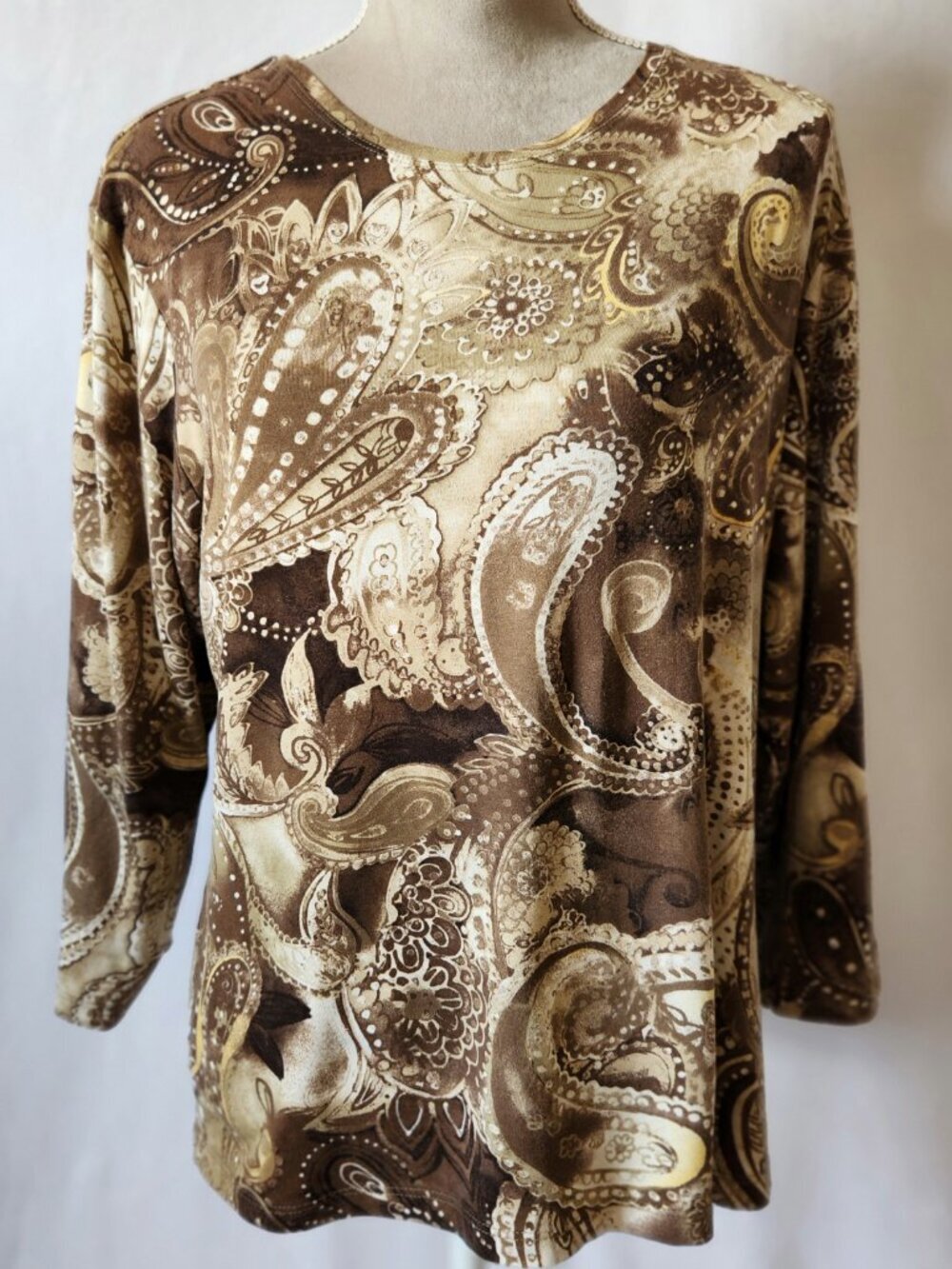Chico's Women's Size 2/12-14 (L) Brown Paisley Print 3/4 Sleeve Round Neck Top - Picture 2 of 14